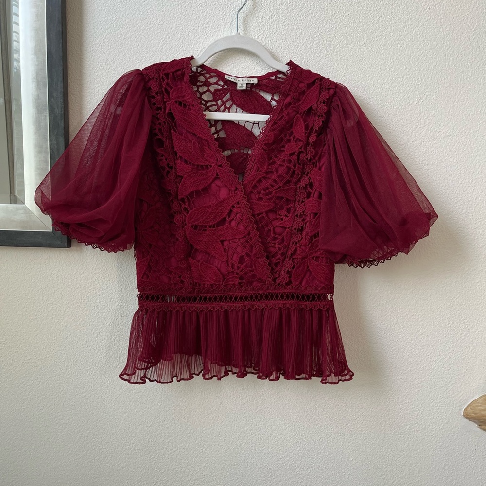 Haute Monde. Dark pink lace top. Size small.